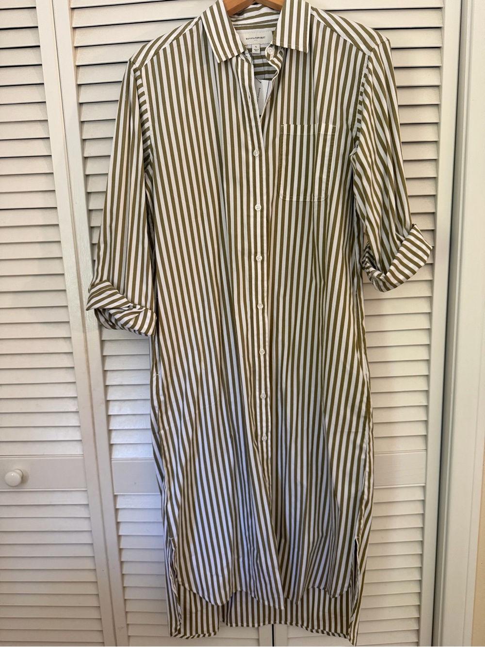 Banana Republic Striped Shirt Dress in Olive/White